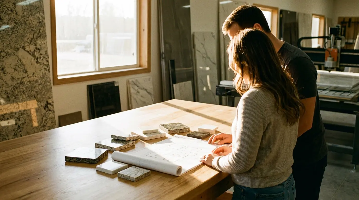 Homeowners reviewing countertop material samples for a new construction home