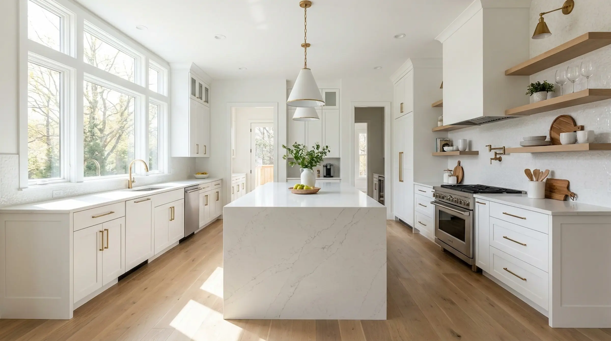 New construction kitchen with quartz waterfall island in Lafayette, LA